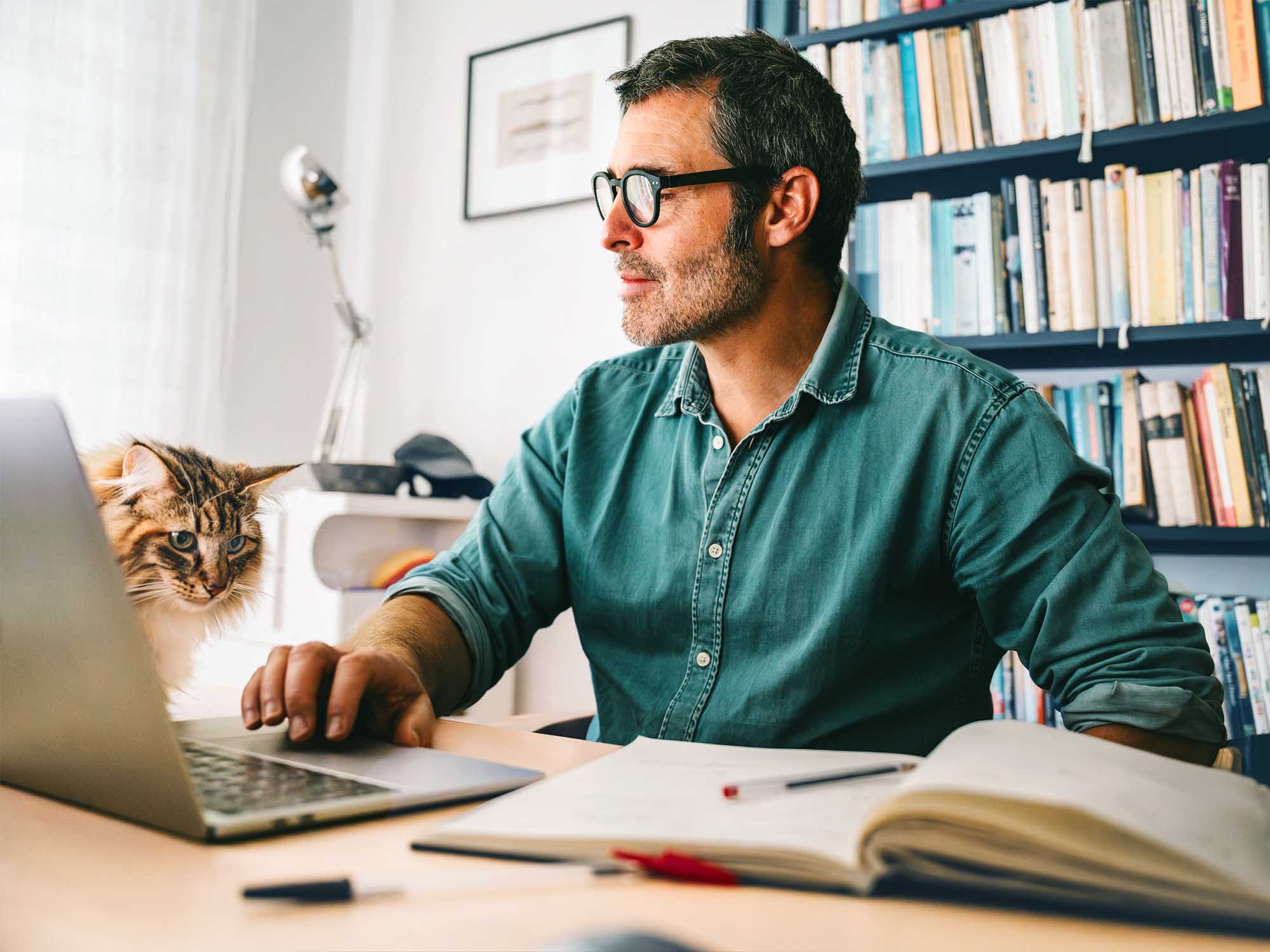 Mann sitzt zu Hause am Schreibtisch mit Laptop. Hinter dem Schreibtisch schaut eine Katze hervor. Im Hintergrund sieht man ein Bücherregal.